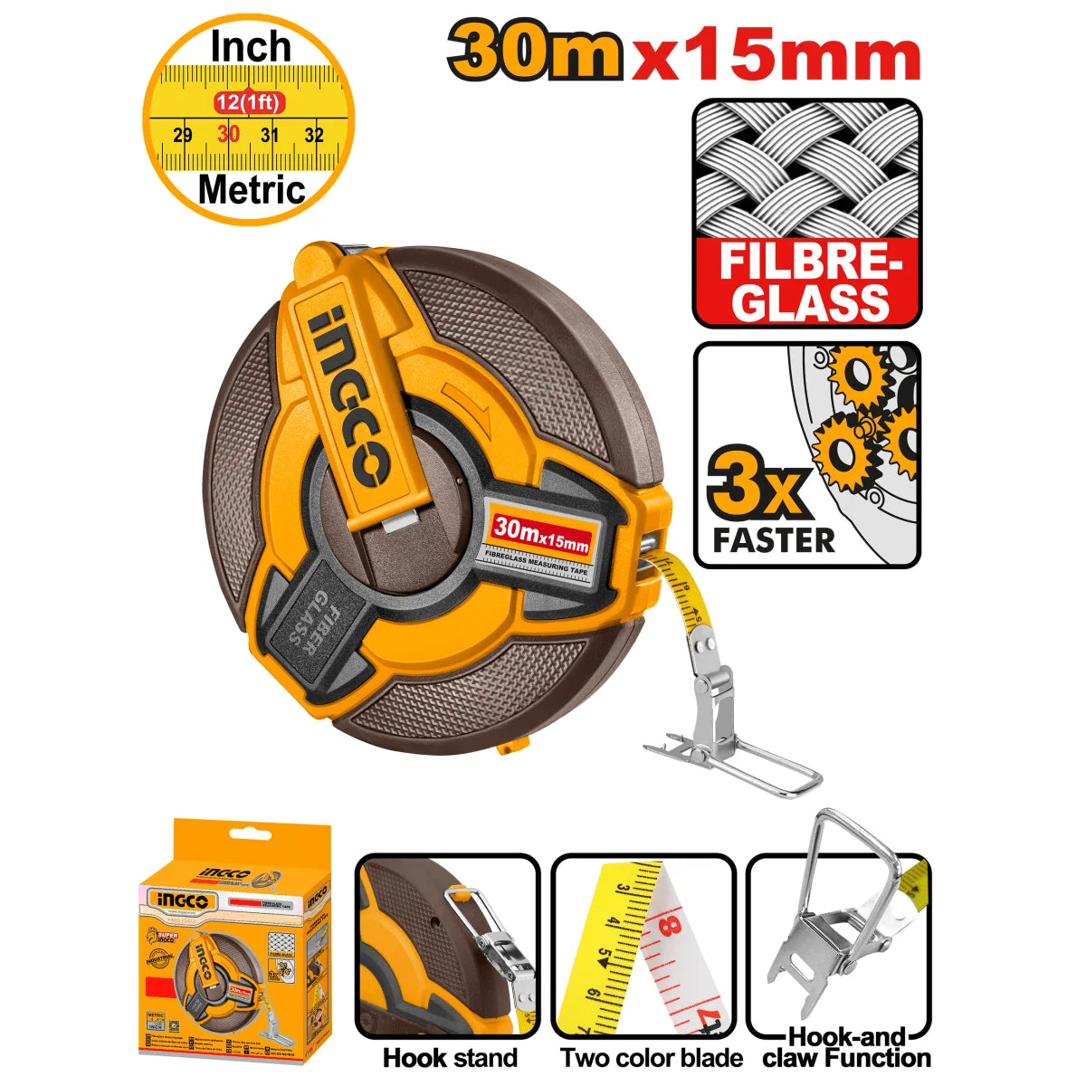 Cinta Métrica Fibra de Vidrio 30m x 15mm INGCO HFM1830