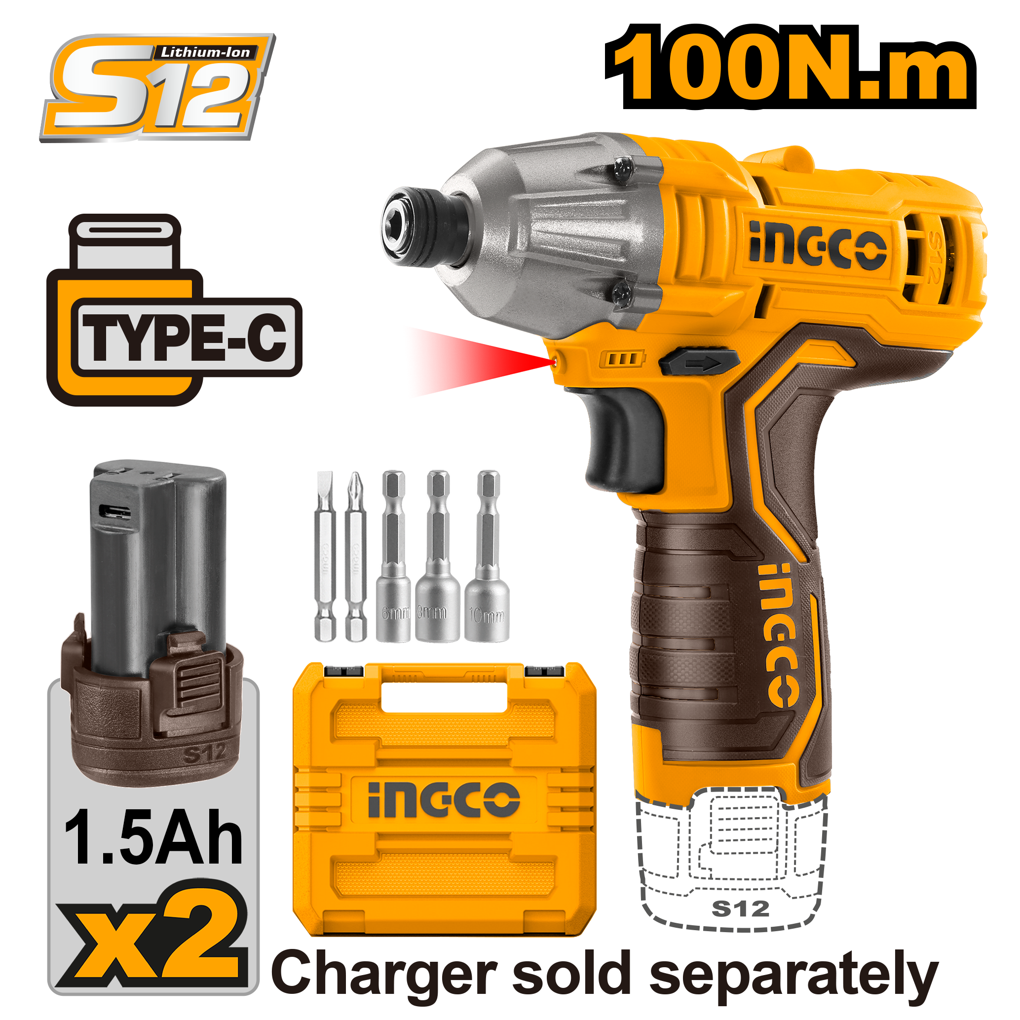 Driver 12V 100Nm M1/4 Con 2 Baterias Y Cargador INGCO CIRLI12015 - MARKEMSTORE