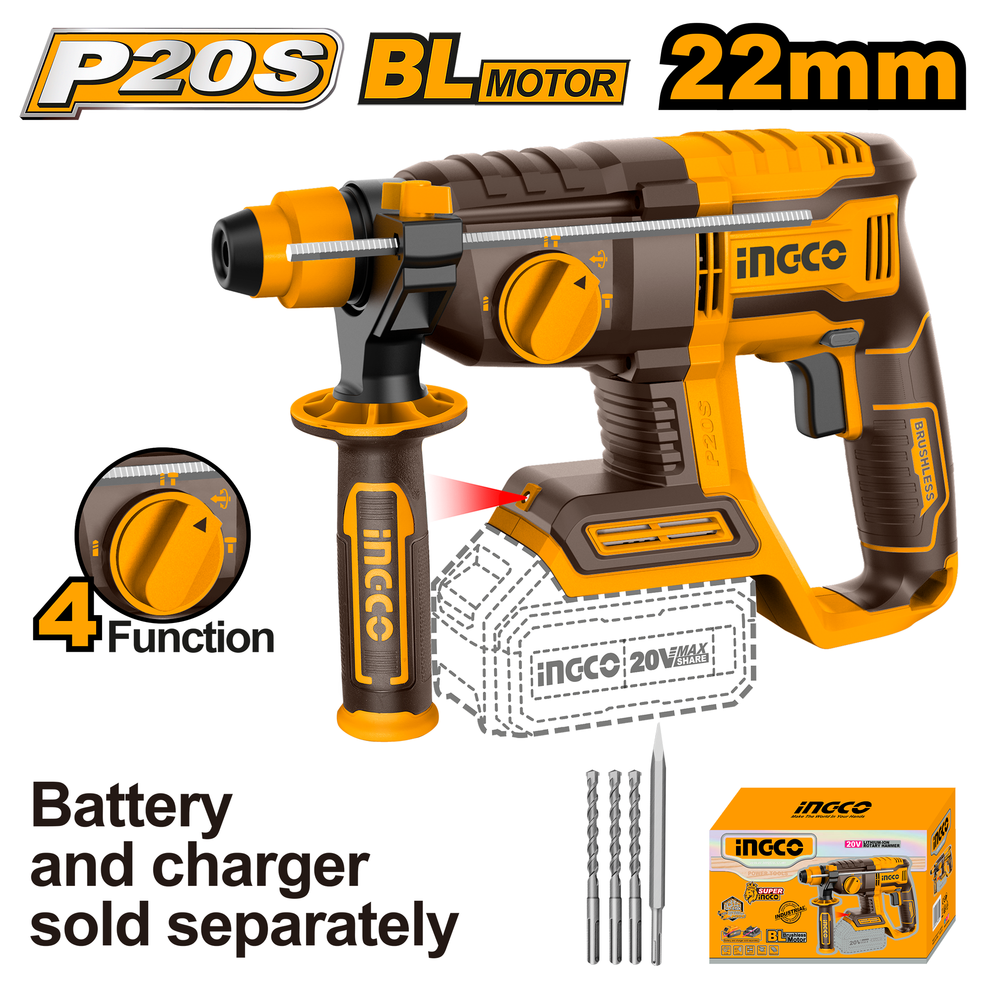 Rotomartillo 20V 0-110Rpm 0-5400Bpm Brushless INGCO CRHLI20208 - MARKEMSTORE