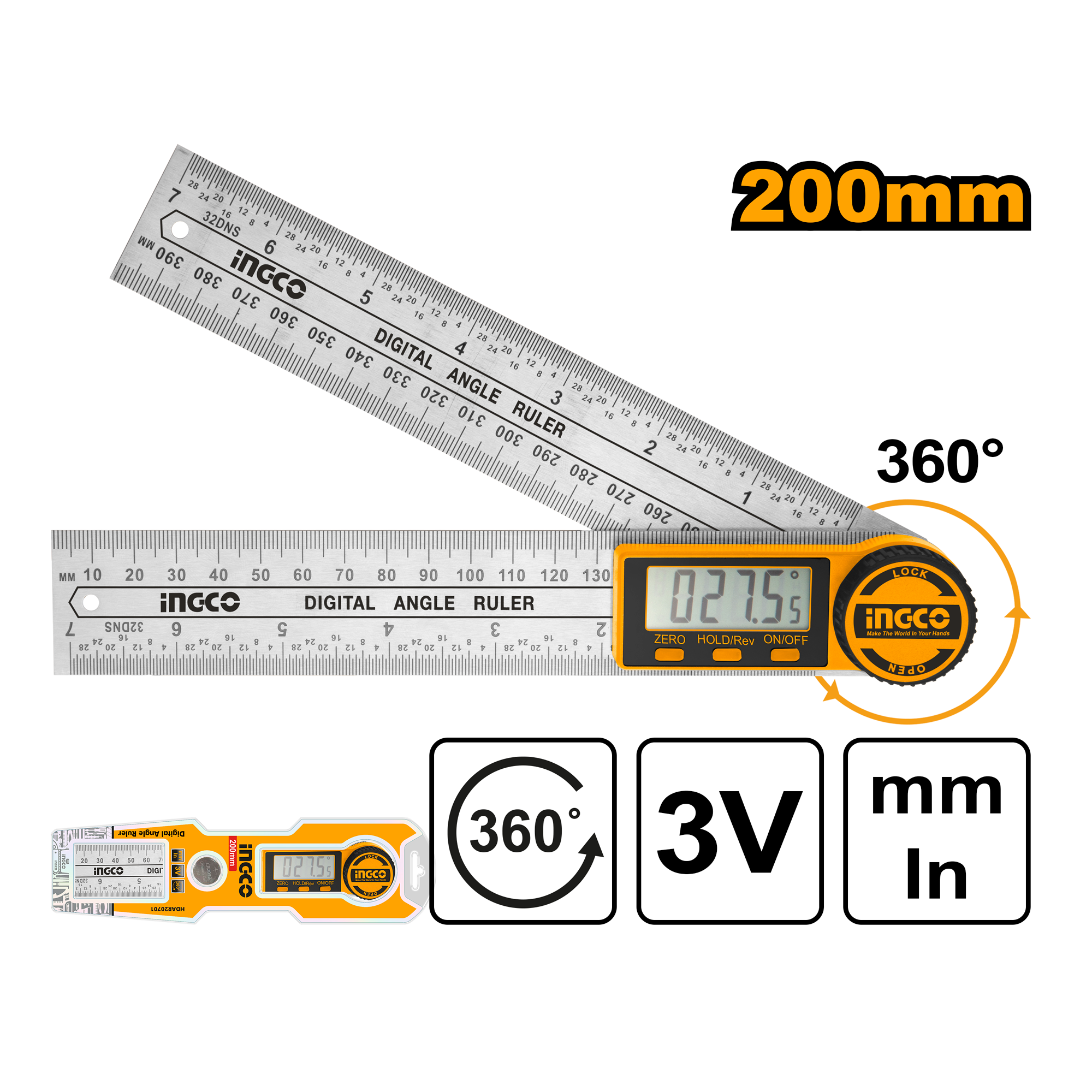 Regla Angular Digital Rango 0-360 Grado - 0-200Mm INGCO HDAR20701 - MARKEMSTORE