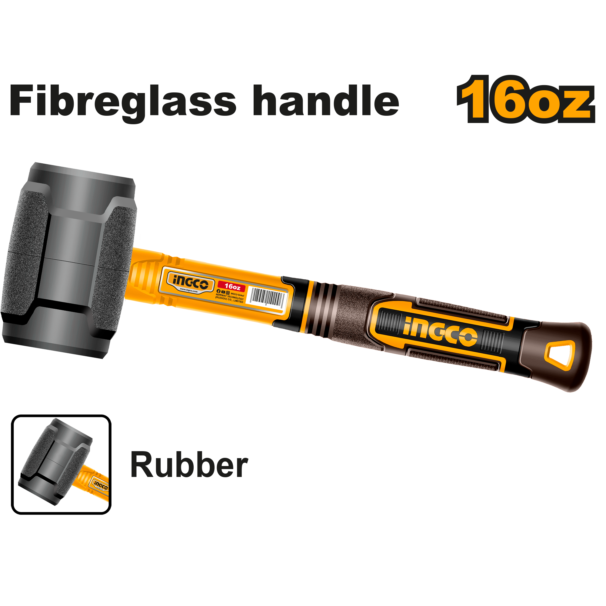 Mazo De Caucho 16Oz/450Gr Mango Fibra De Vidrio INGCO HRUH8816 - MARKEMSTORE