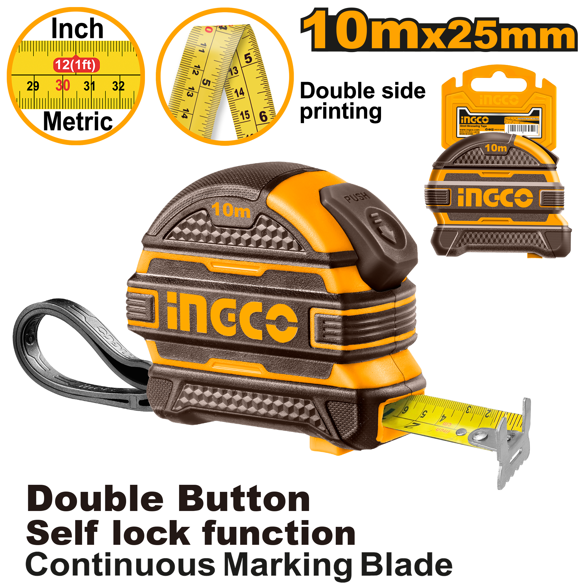 Flexometro 10Mtsx25Mm Pulgada/Mt INGCO HSMT081025 - MARKEMSTORE