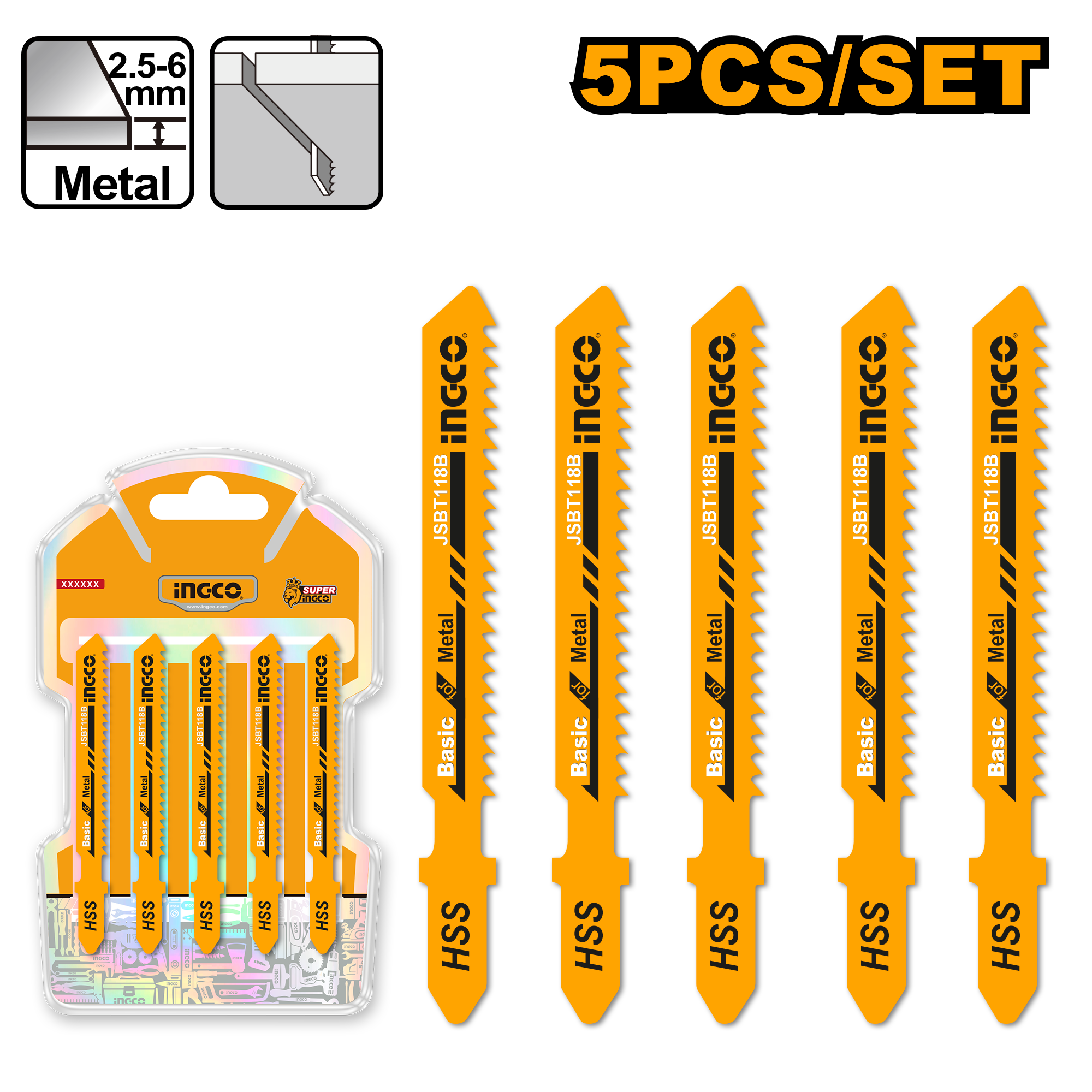 Set de Hojas Para Sierra Caladora Metal 5 Piezas INGCO JSBT118B - MARKEMSTORE