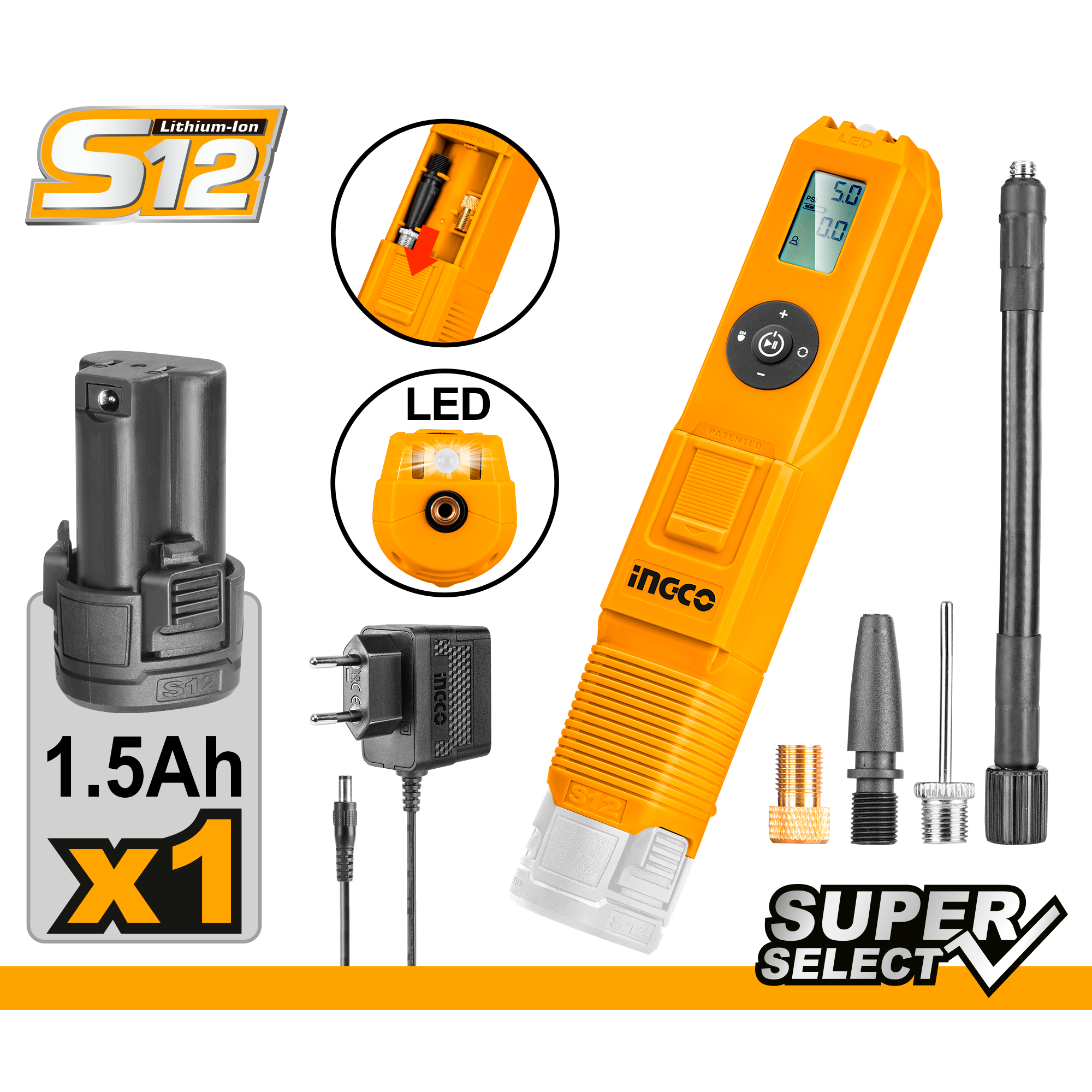 Compresor Automotriz Ion Litio 12V 160Psi - 3 Adaptadores 1 Bateria 1.5Ah 1 Cargador Ingco UCACLI12011 - MARKEMSTORE