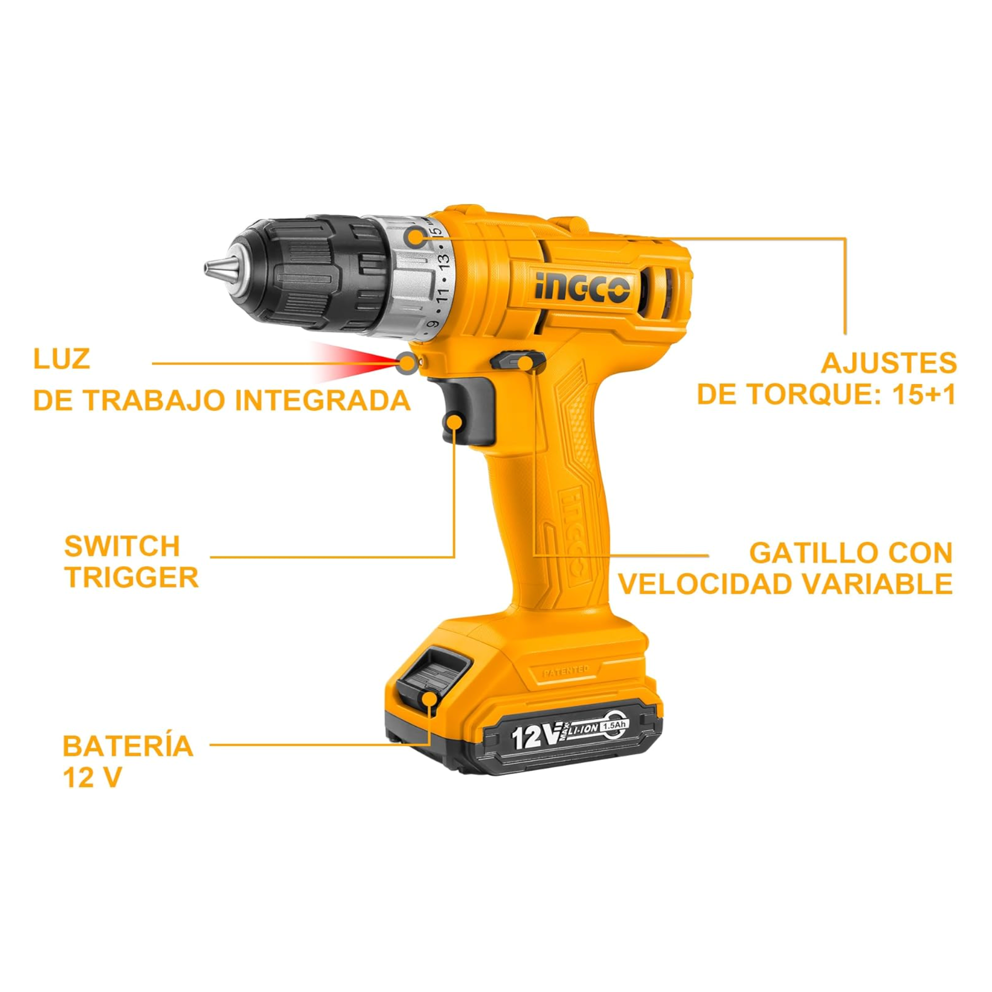 Taladro Inalámbrico 12v Ingco UCDLI1211 - MARKEMSTORE