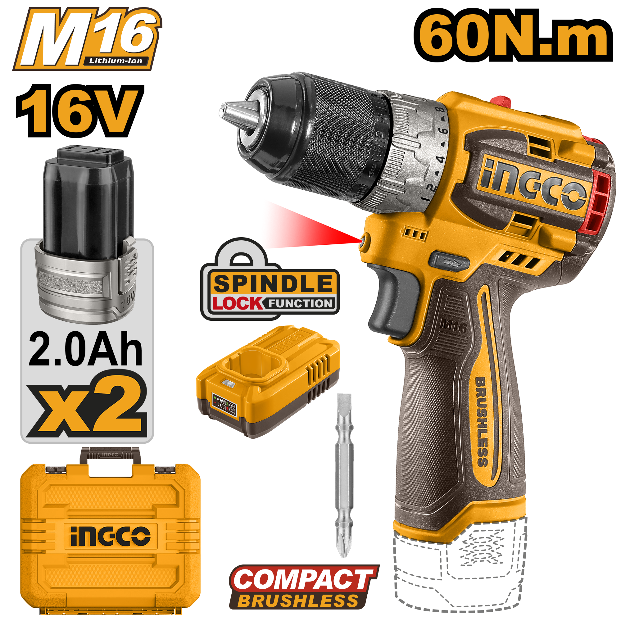 Taladro M1/2 16V 60Nm Rotacion 2 Baterias Y Cargador INGCO UCDLI16682 - MARKEMSTORE