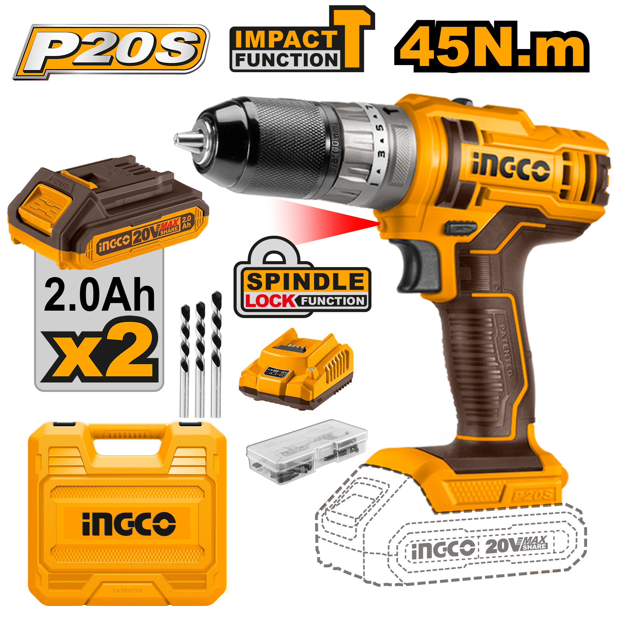 Taladro M3/8 20V 45NM Impacto 2 Baterias y Cargador Ingco UCIDLI201452 - MARKEMSTORE