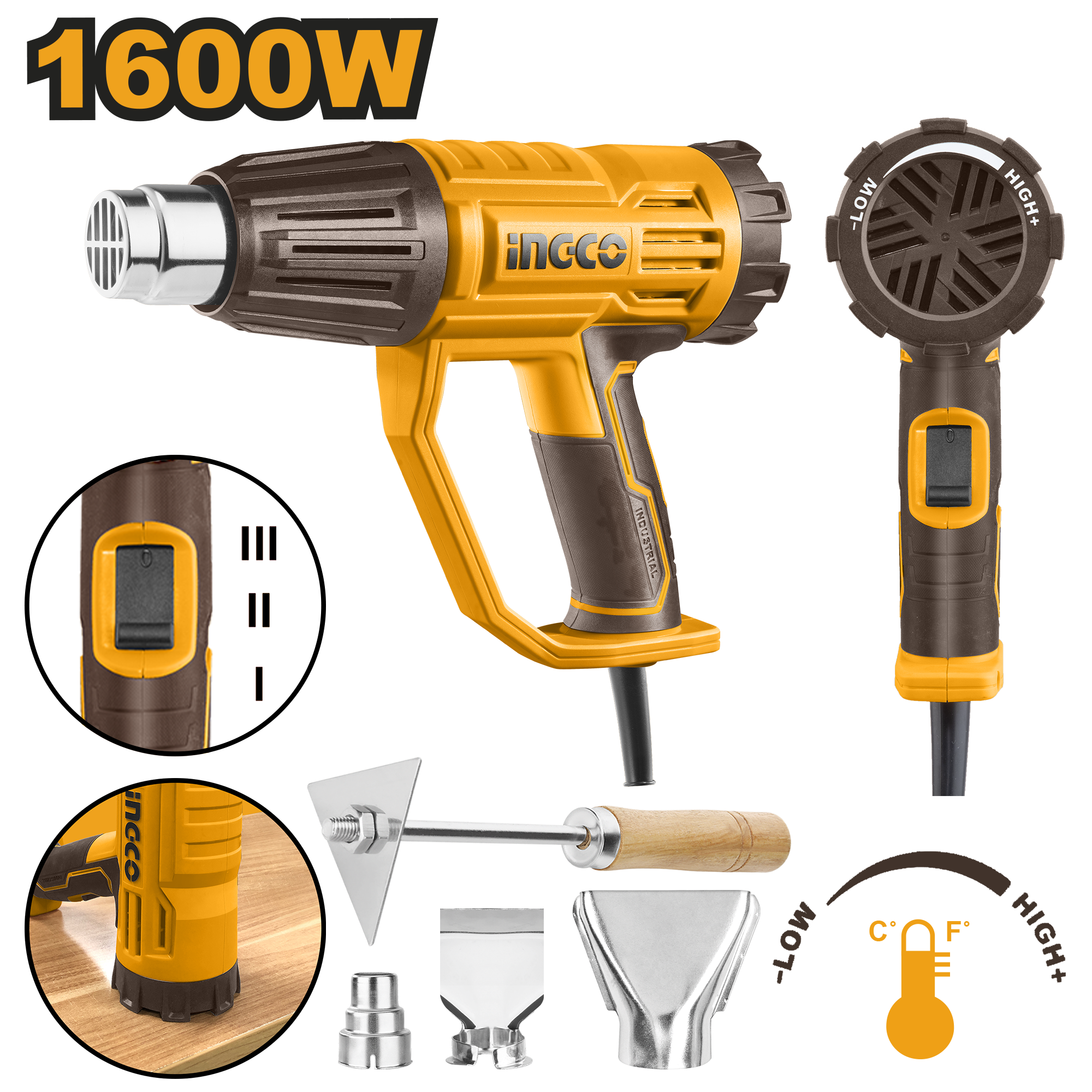 Pistola De Calor 110/120V 60Hz 1600W 450/550°C Con Boquillas Y Raspador INGCO UHG160047 - MARKEMSTORE
