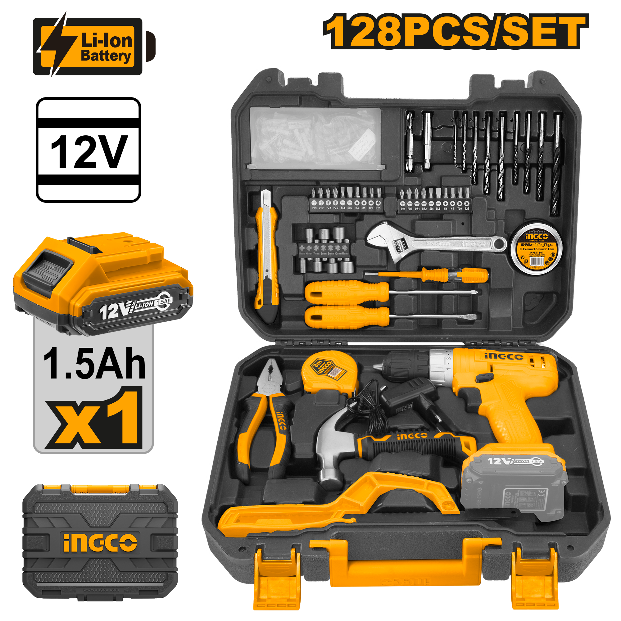 Juego Herramientas 128 Pzs Incluye Taladro Inalambrico 12V Ingco UHKTHP11281 - MARKEMSTORE