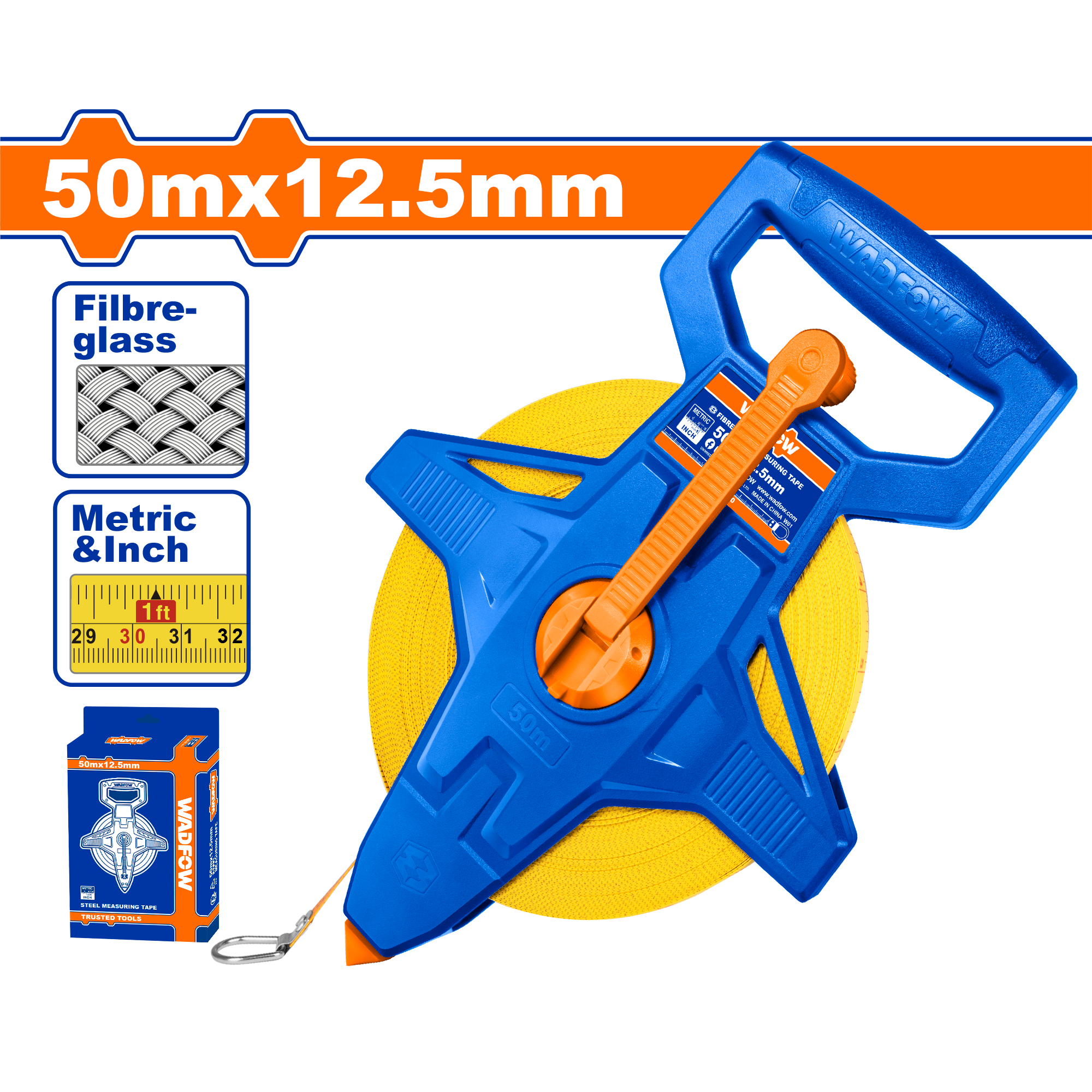 Cinta Métrica 50M Mt/Pulg Fibra Retráctil WADFOW WMT2550 - MARKEMSTORE