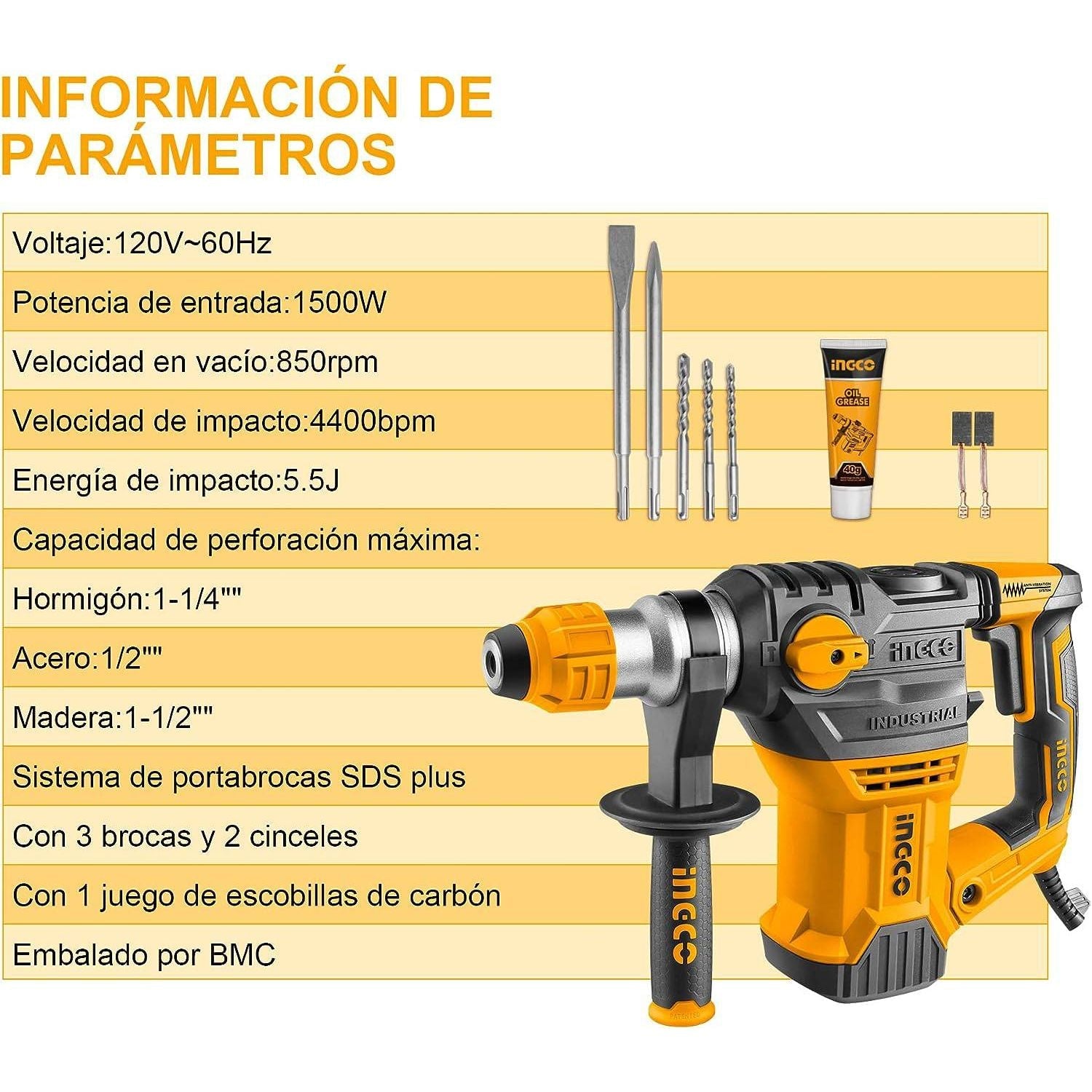 Rotomartillo 1500w 850rpm 4400bpm Concreto Ingco - MARKEMSTORE