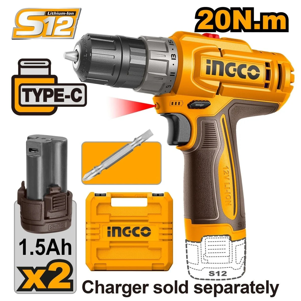 Taladro Inalámbrico DE ROTACIÓN 12V INGCO 20Nm 2 Velocidades + 2 Baterías 1.5Ah CDLI12206
