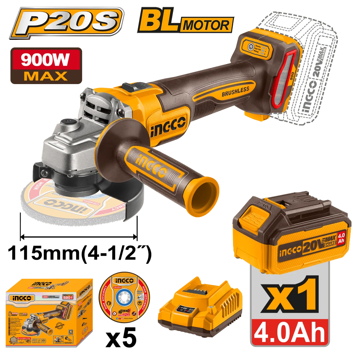 Pulidora Inalámbrica 20V 4-1/2" INGCO UCAGLI261521 + Batería y Cargador
