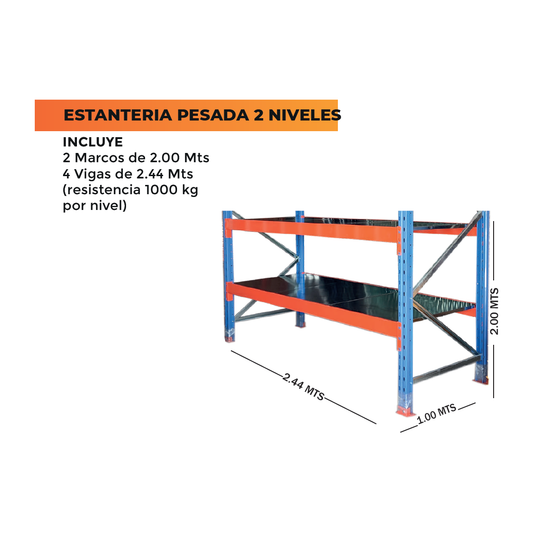 Estanteria Pesada 2 Metros de Altura Con 2 Niveles y Entrepaño Galvanizado