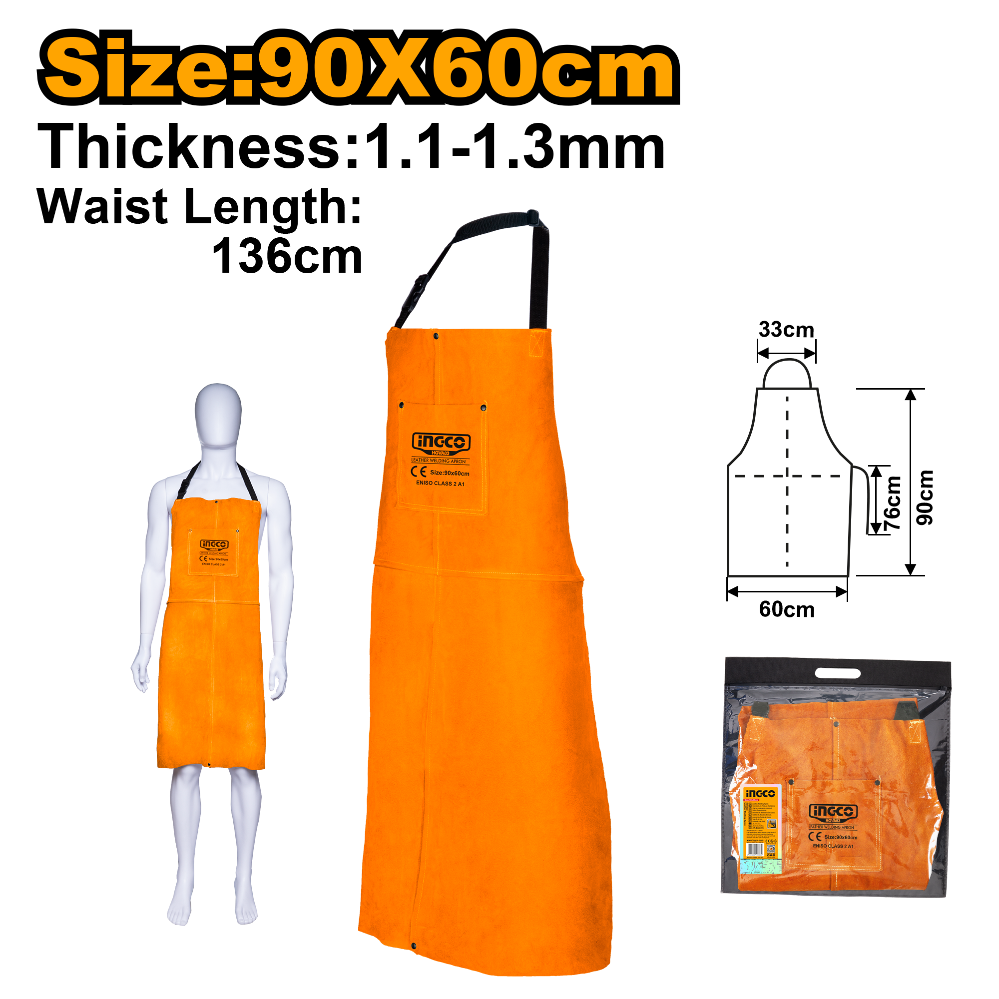 Delantal Soldador Cuero 90X60cm INGCO HGVA03 - MARKEMSTORE