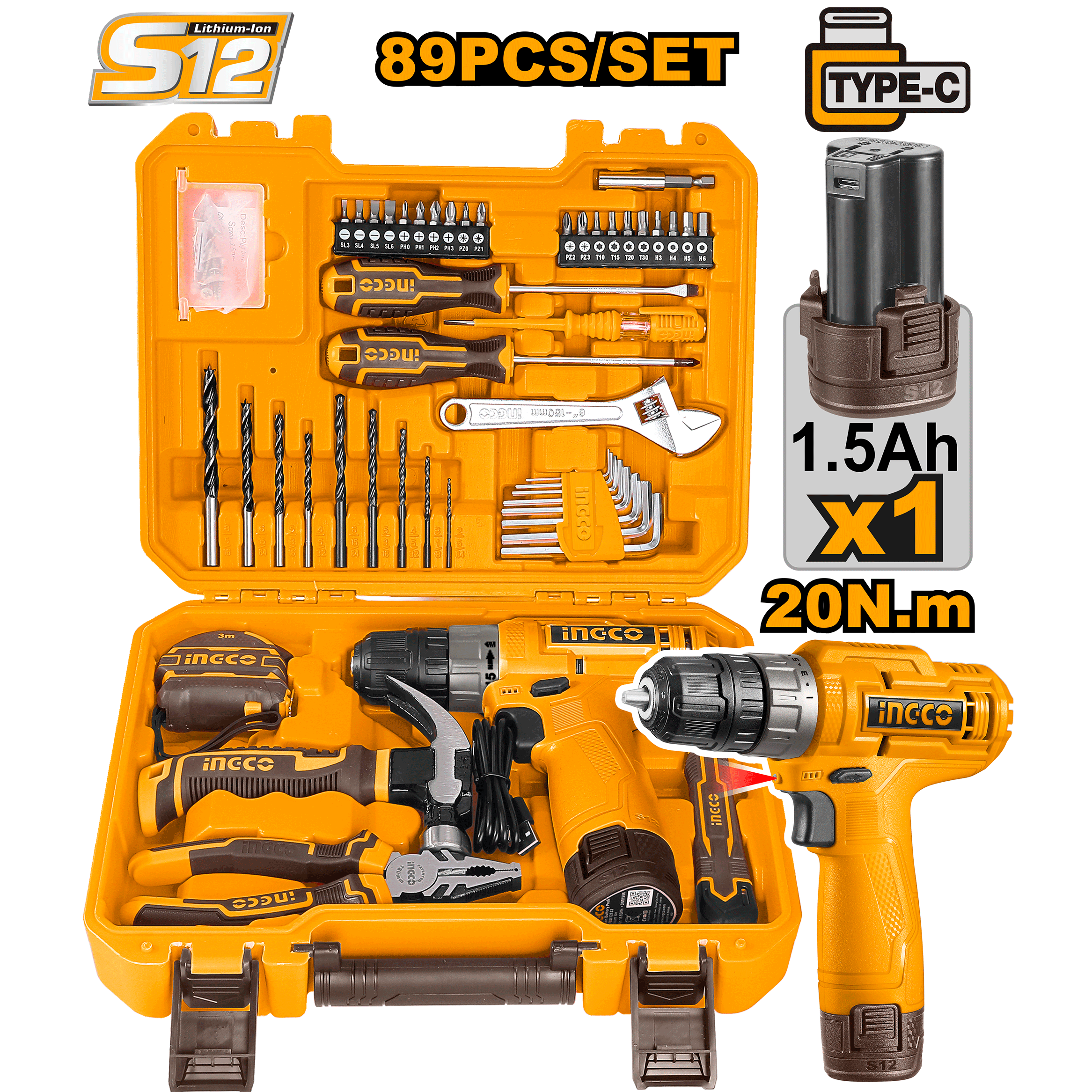 Combo 89 Pcs 1 Taladro M3/8 12V Rotacion + 1 Batería 12V INGCO HKTHP10891 - MARKEMSTORE