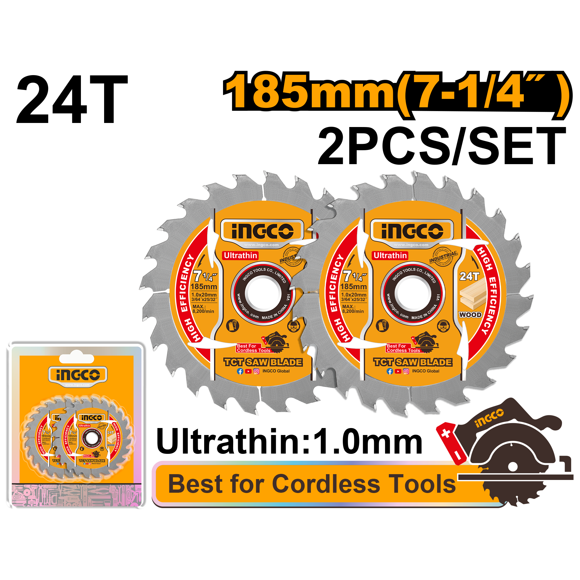 Set Disco Sierra Madera 7-1/4" 24D 2Pcs  INGCO TSB1853 - MARKEMSTORE