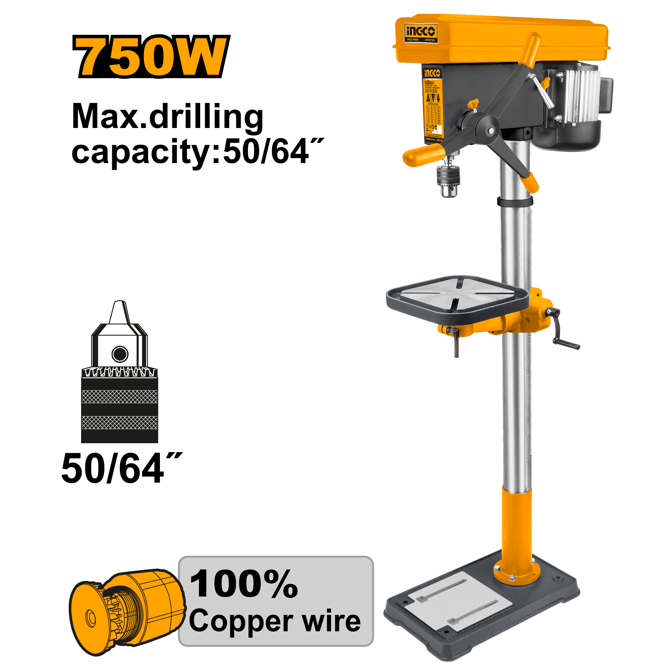 Taladro De Banco 120V 60Hz 750W Mandril 50/64 INGCO UDP207505 - MARKEMSTORE