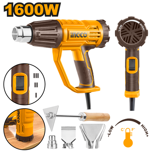 Pistola De Calor 110/120V 60Hz 1600W 450/550°C Con Boquillas Y Raspador INGCO UHG160047 - MARKEMSTORE