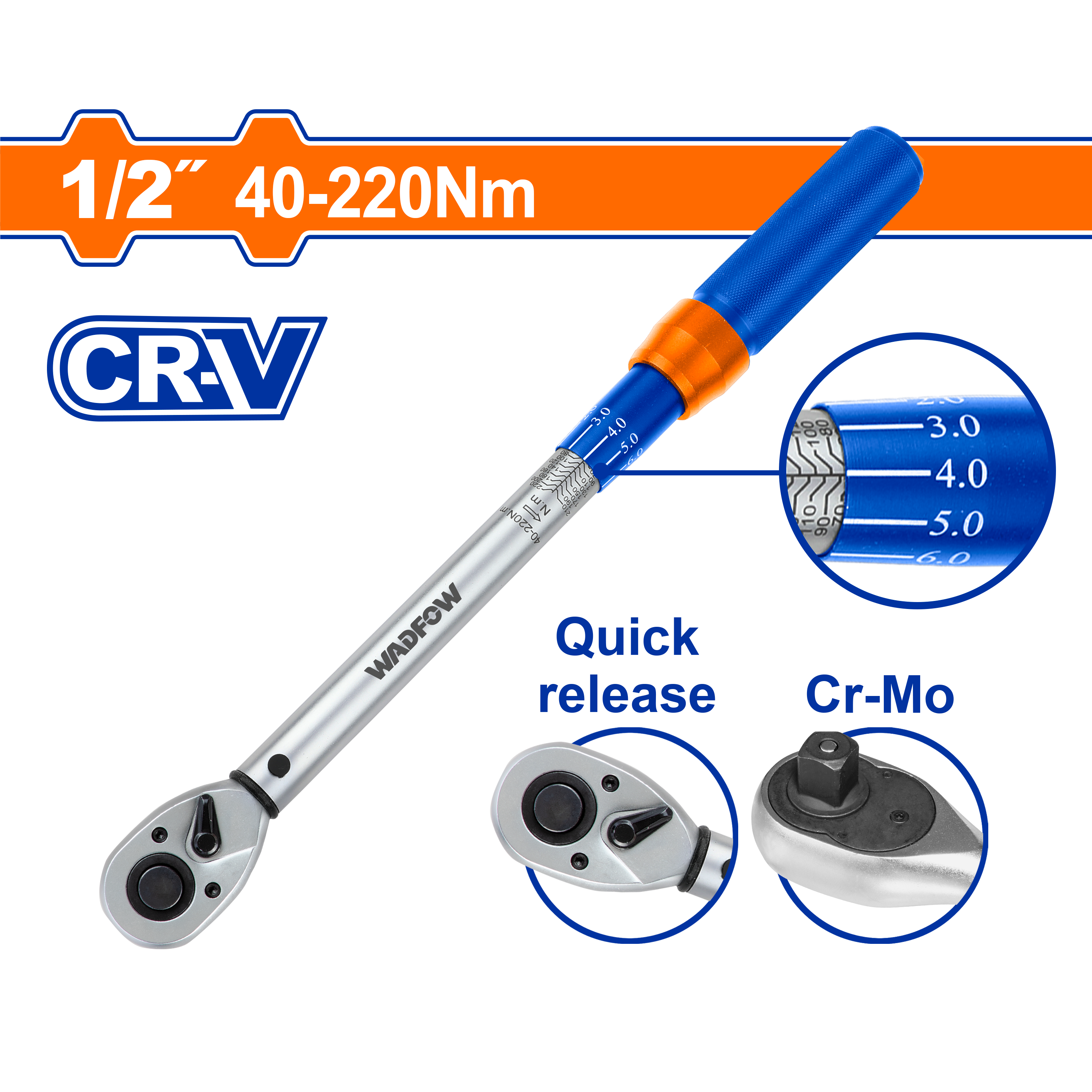 Torquimetro M1/2 430mm Rgo 40-220Nm Crv+Crmo WADFOW REF. WWQ1D12